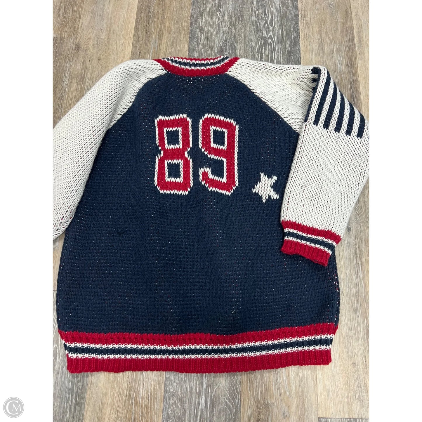 Sweater Cardigan By DH Apparel In Blue & Red & White, Size: M