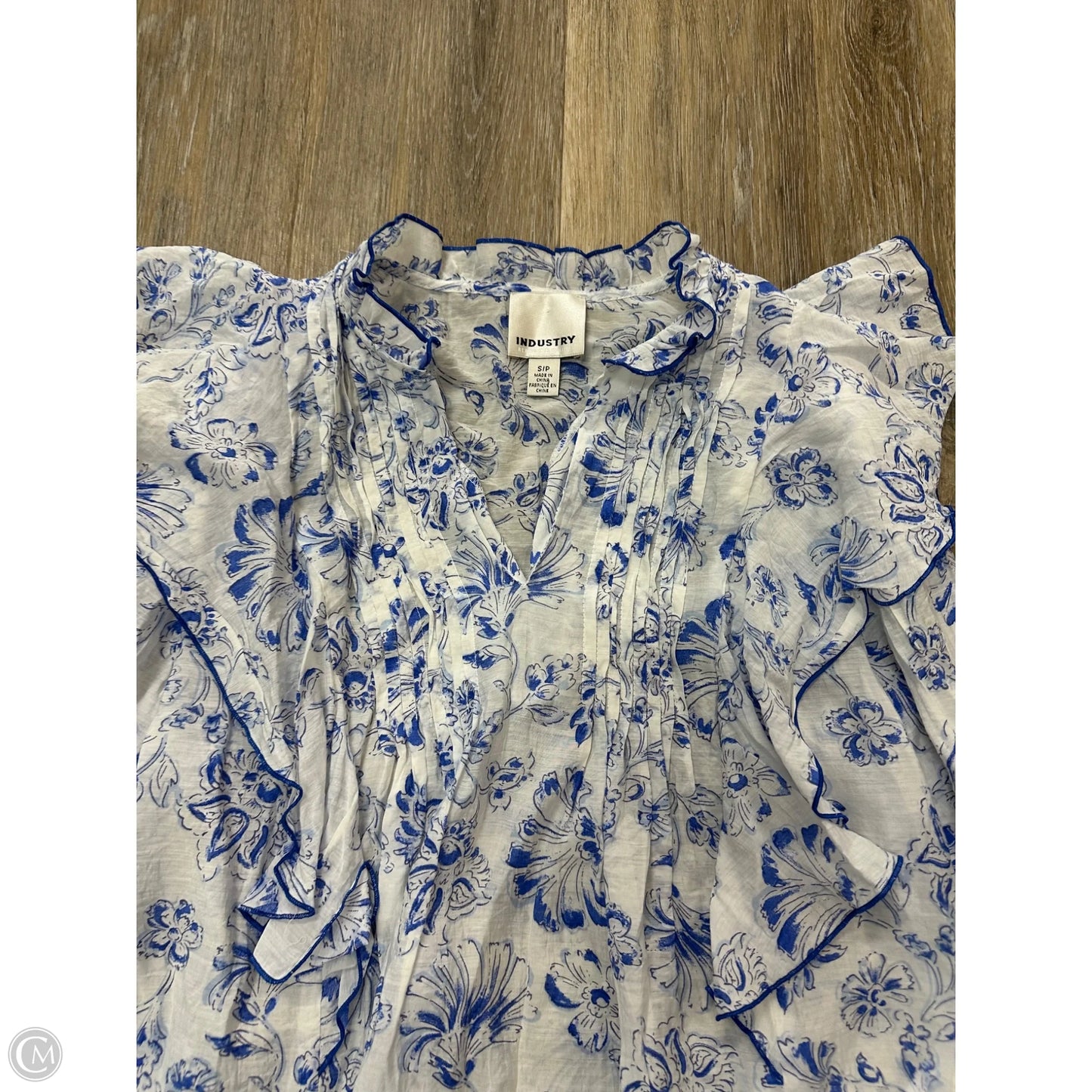 Blouse Long Sleeve By Industry In Blue & White, Size: S