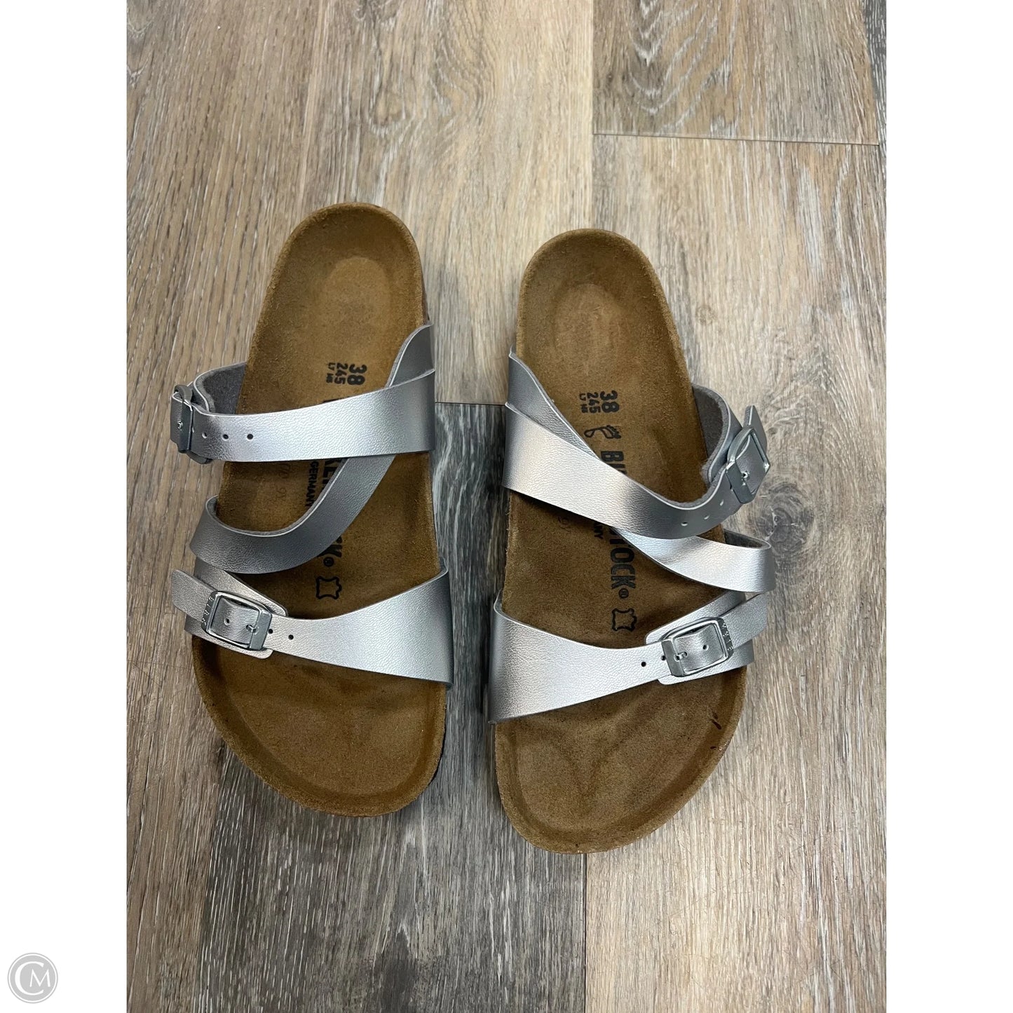 Sandals Flats By Birkenstock In Silver, Size: 7/38
