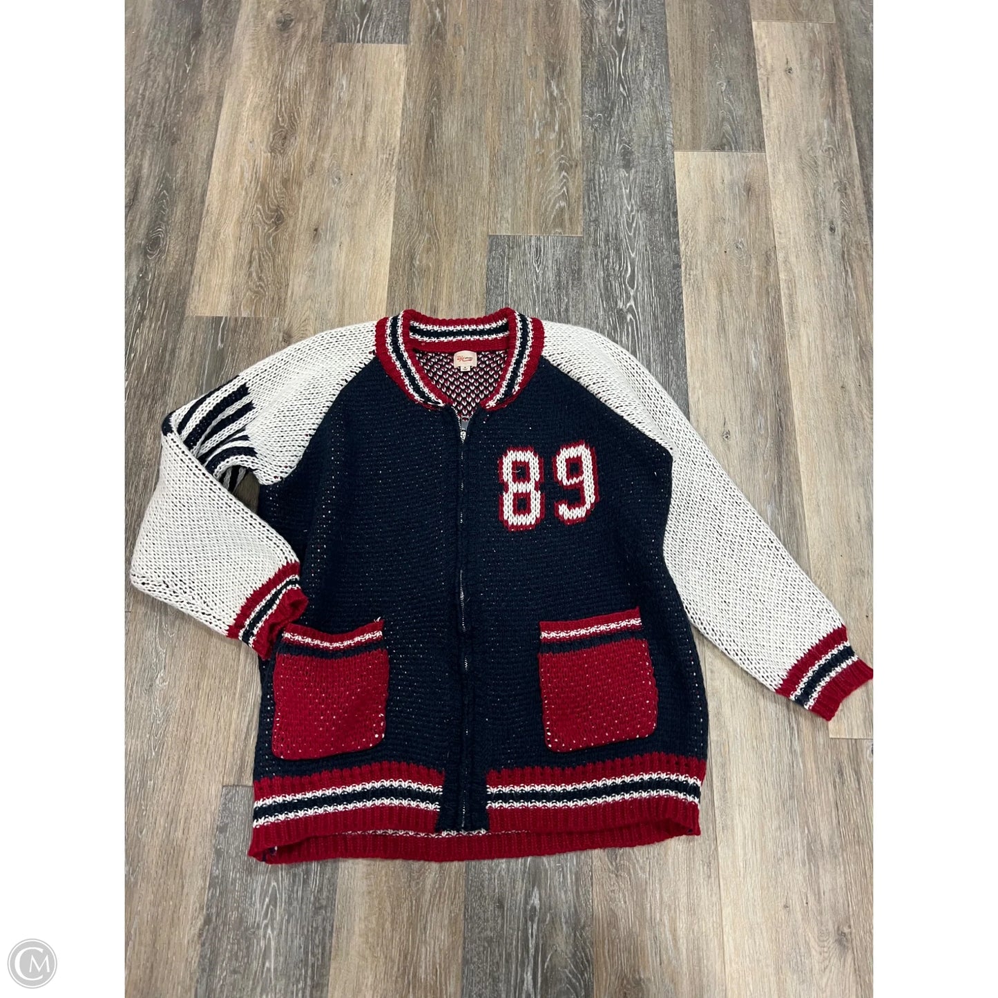 Sweater Cardigan By DH Apparel In Blue & Red & White, Size: M