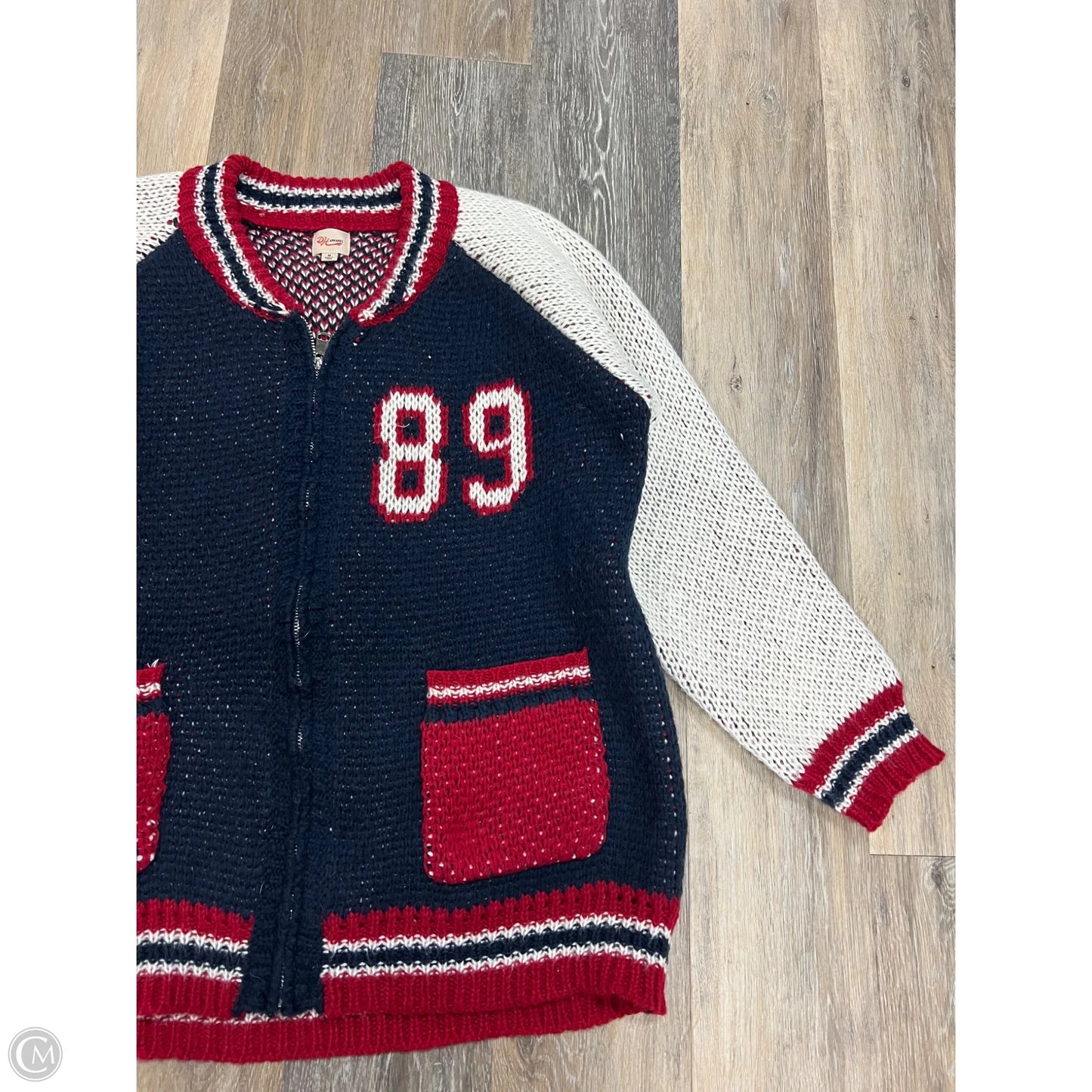 Sweater Cardigan By DH Apparel In Blue & Red & White, Size: M