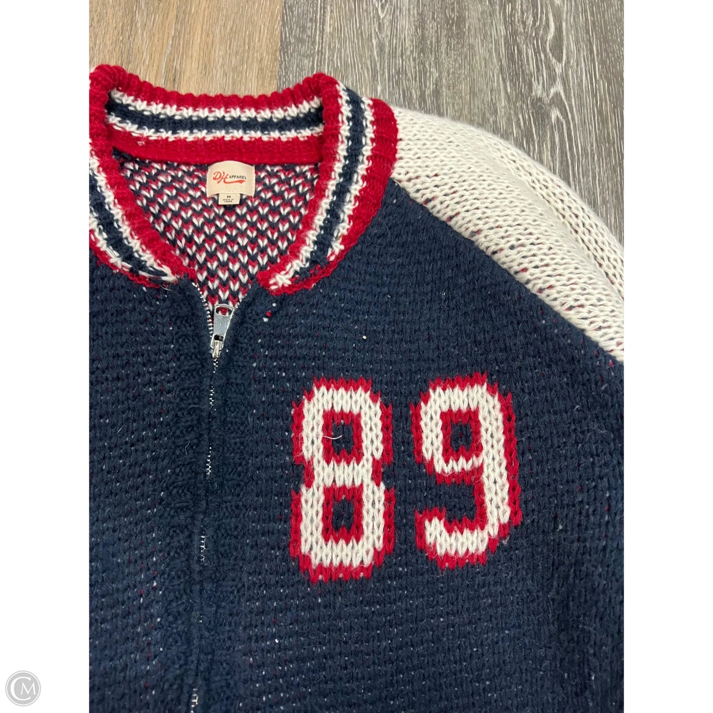 Sweater Cardigan By DH Apparel In Blue & Red & White, Size: M