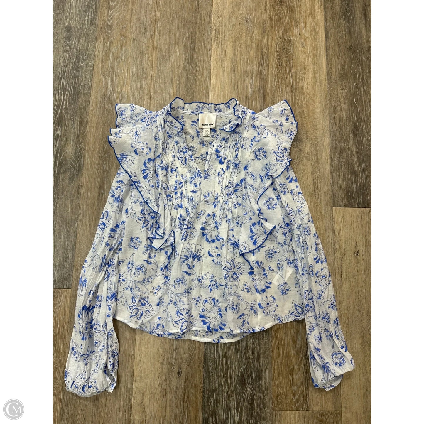 Blouse Long Sleeve By Industry In Blue & White, Size: S