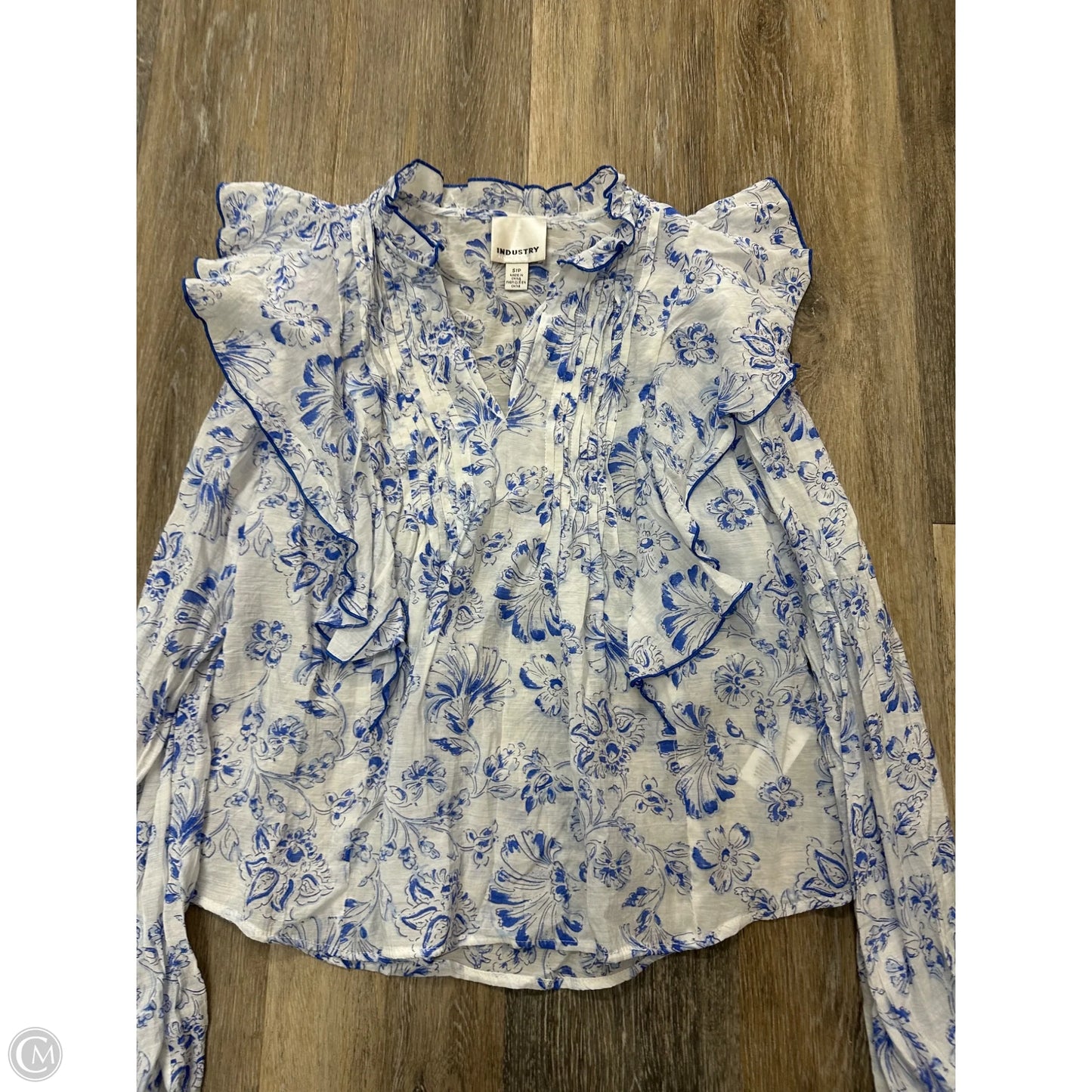 Blouse Long Sleeve By Industry In Blue & White, Size: S