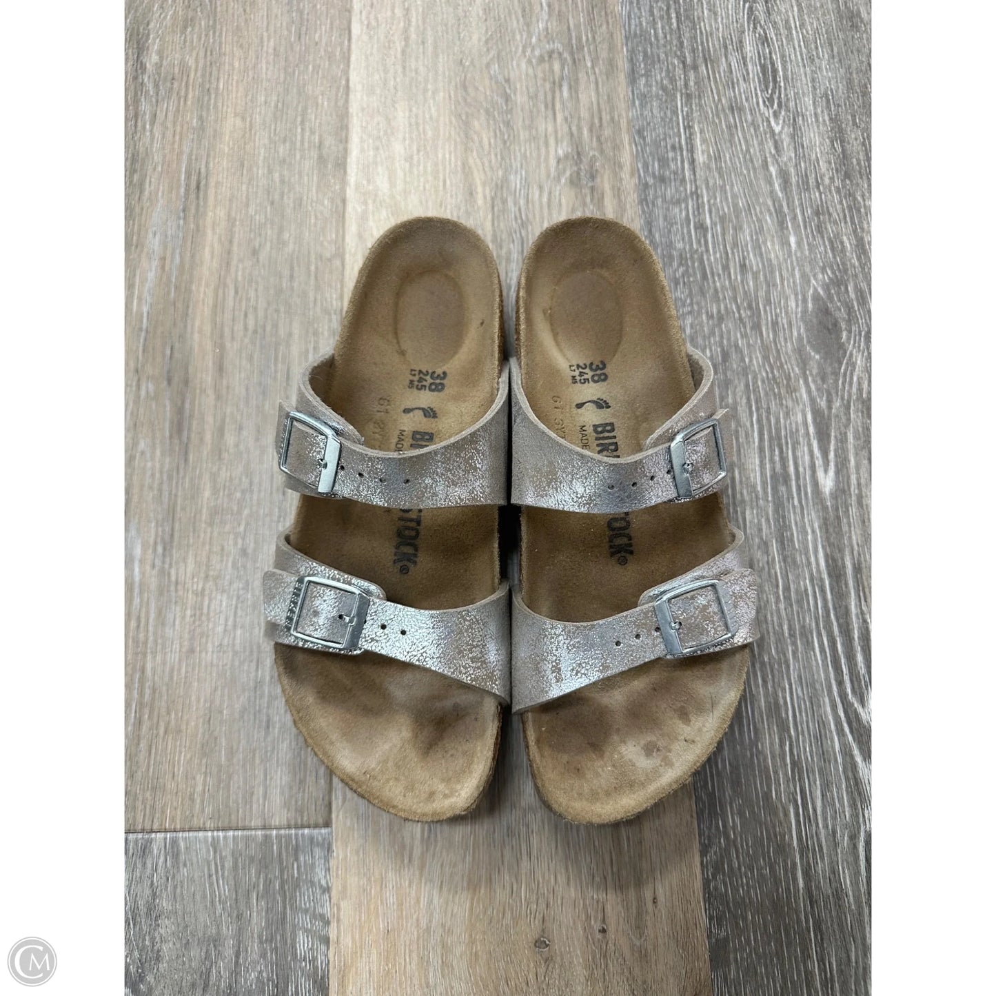 Sandals Flats By Birkenstock In Silver, Size: 7