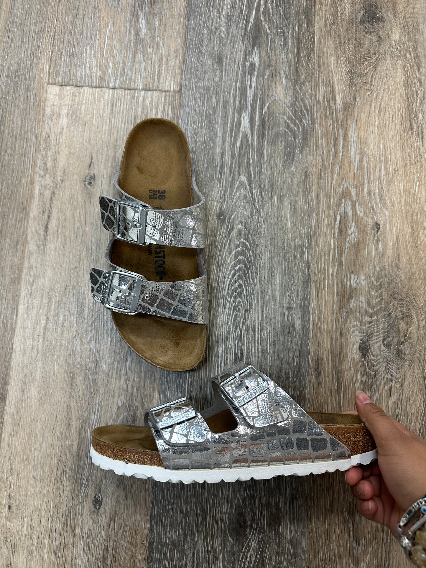 Sandals Flats By Birkenstock In Silver, Size: 7/38