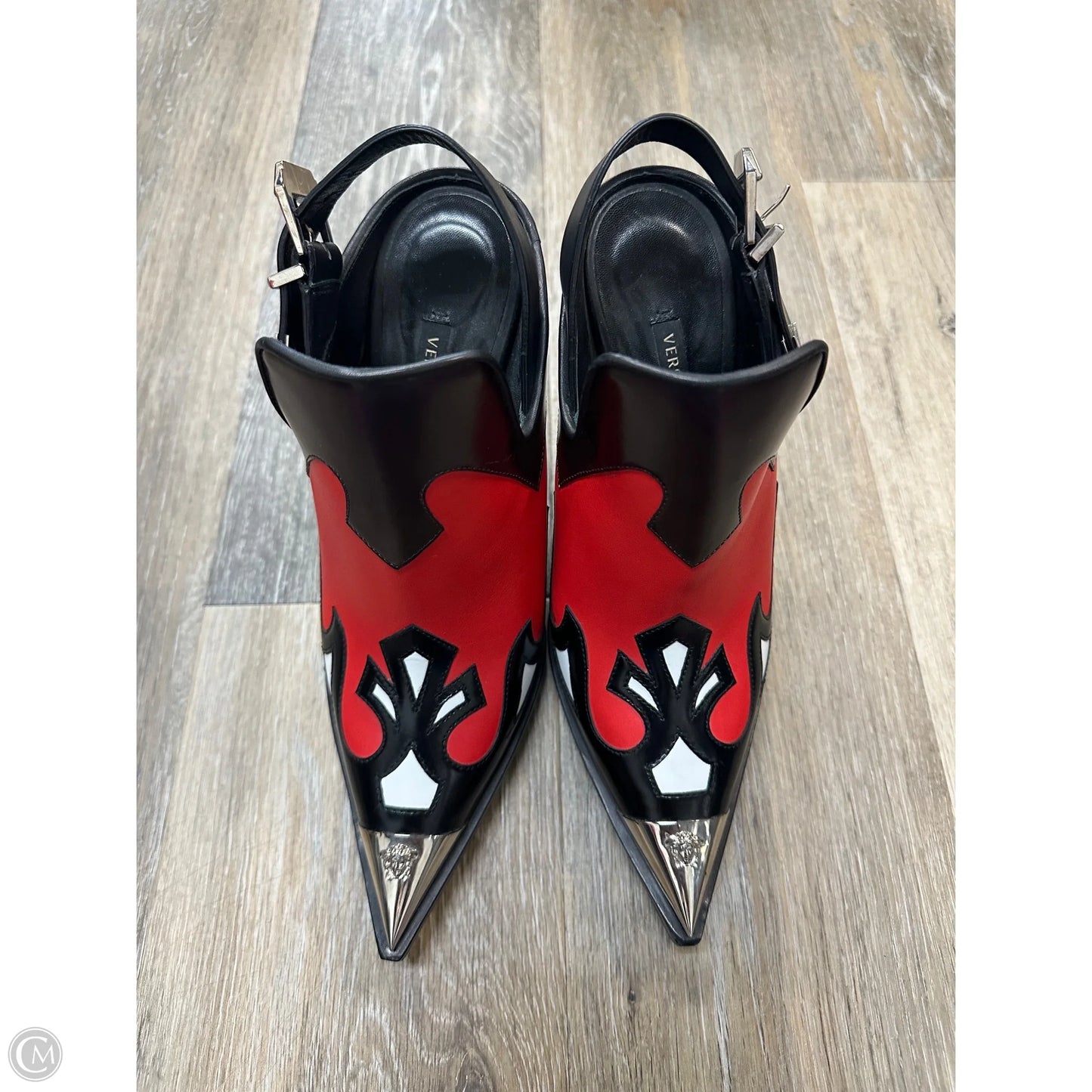 Shoes Luxury Designer By Versace In Black & Red, Size: 8.5