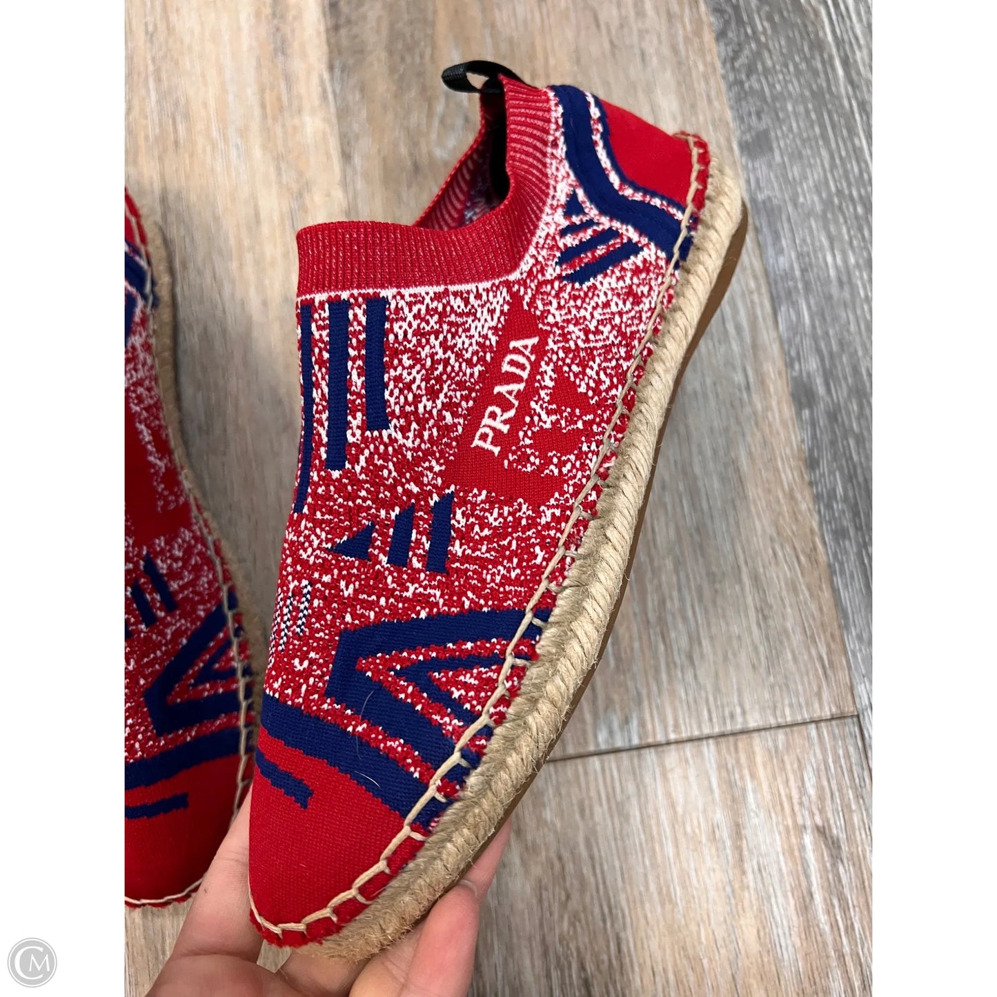 Shoes Luxury Designer By Prada In Blue & Red, Size: 7 (37)