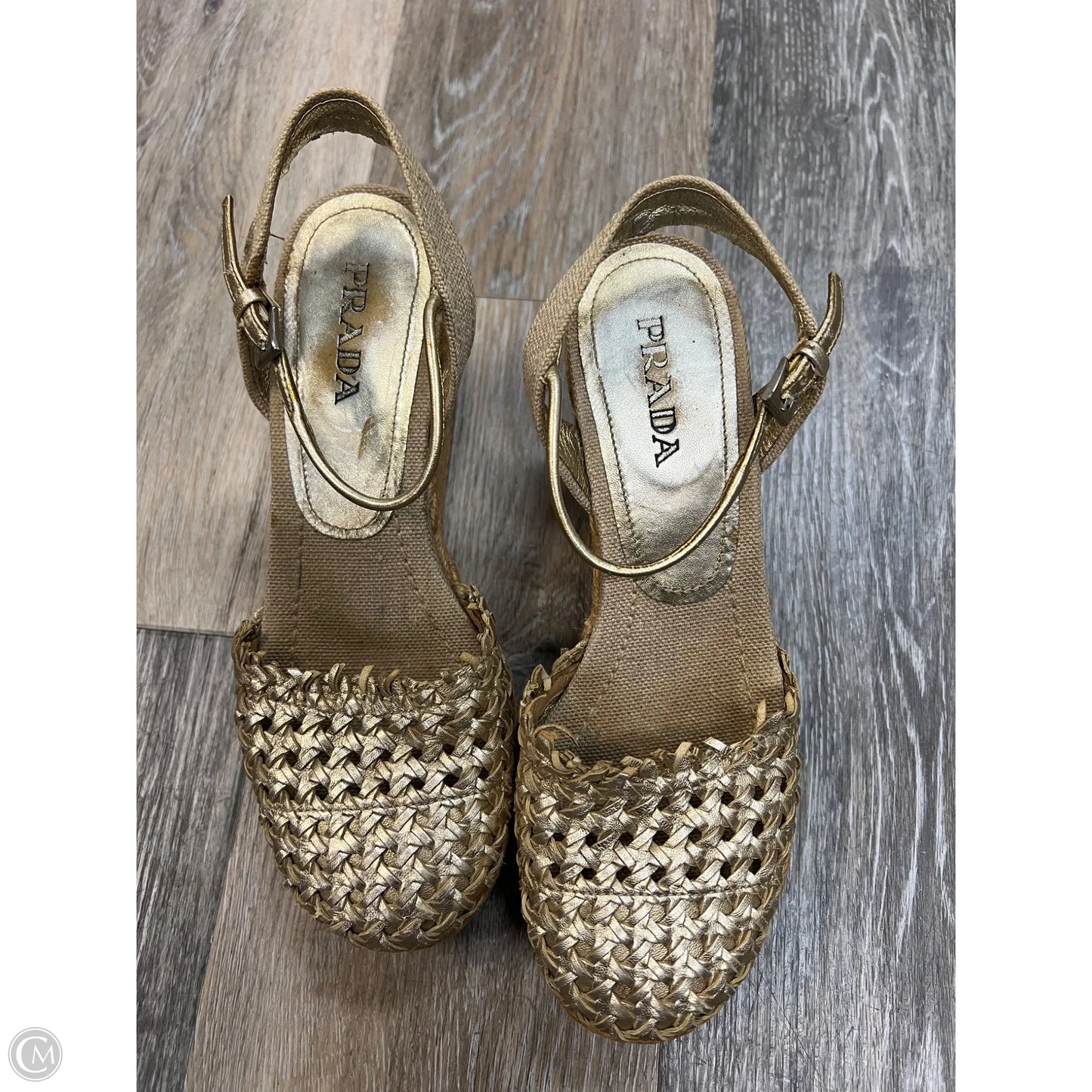 Shoes Luxury Designer By Prada In Gold, Size: 6