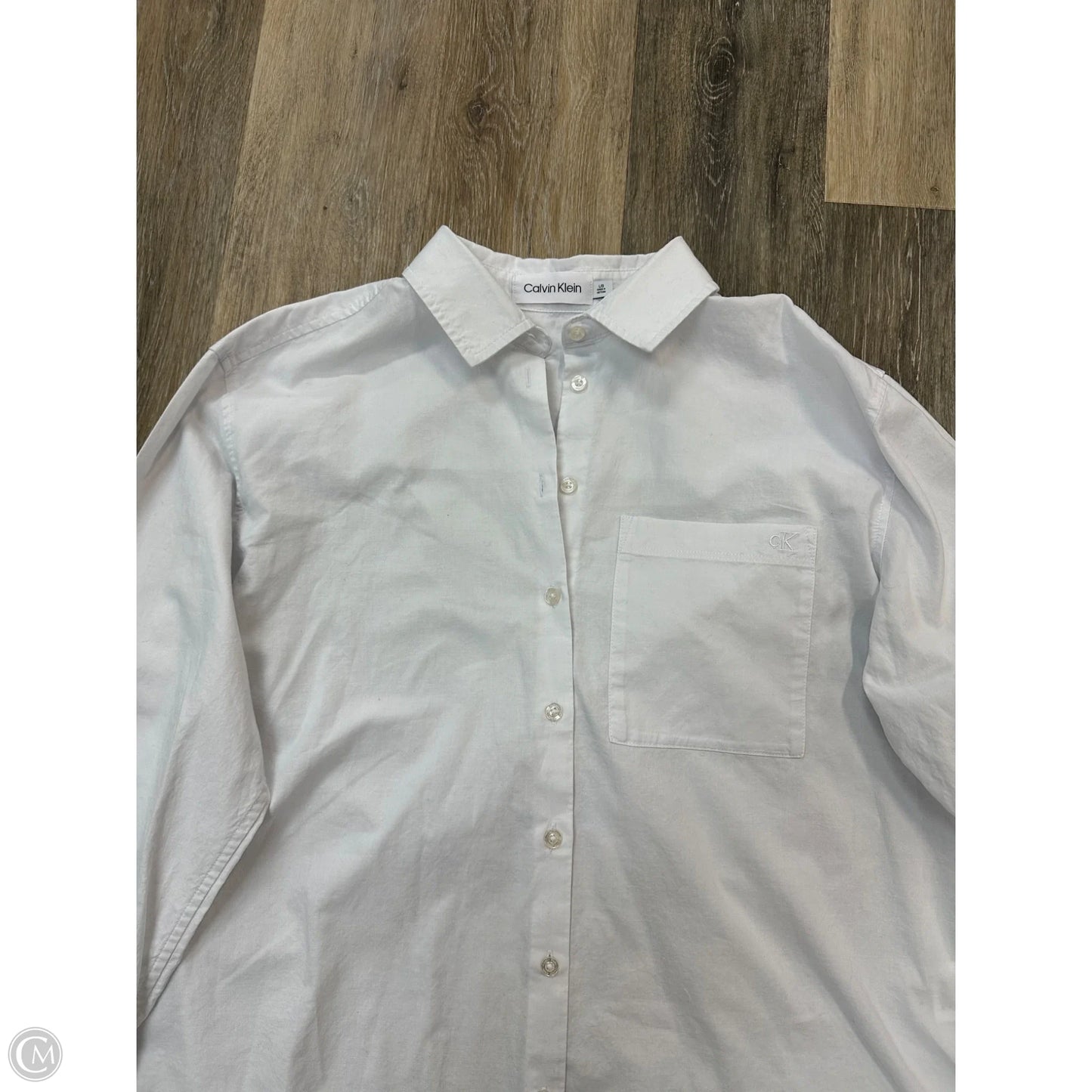 Blouse Long Sleeve By Calvin Klein In White, Size: L
