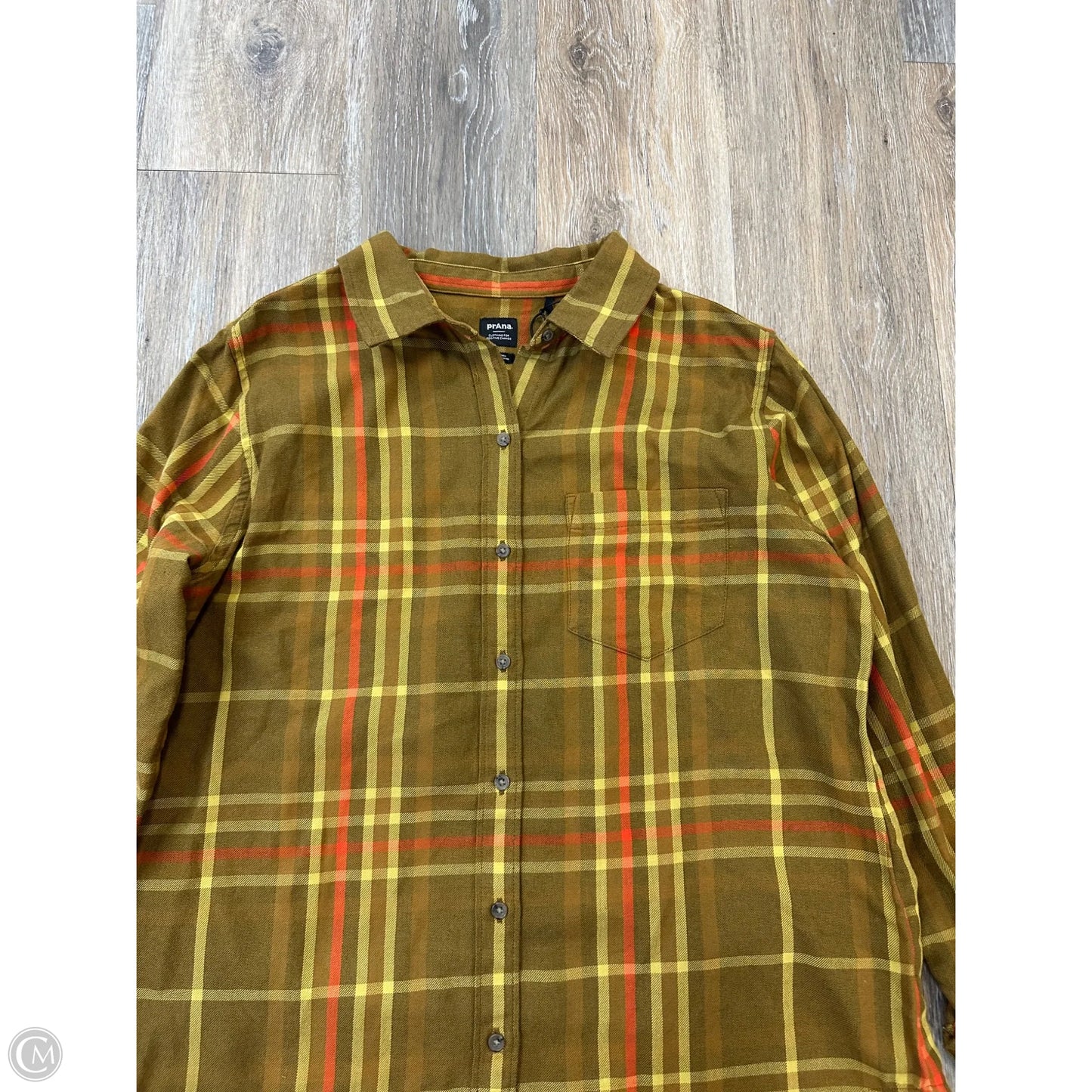 Blouse Long Sleeve By Prana In Plaid Pattern, Size: S