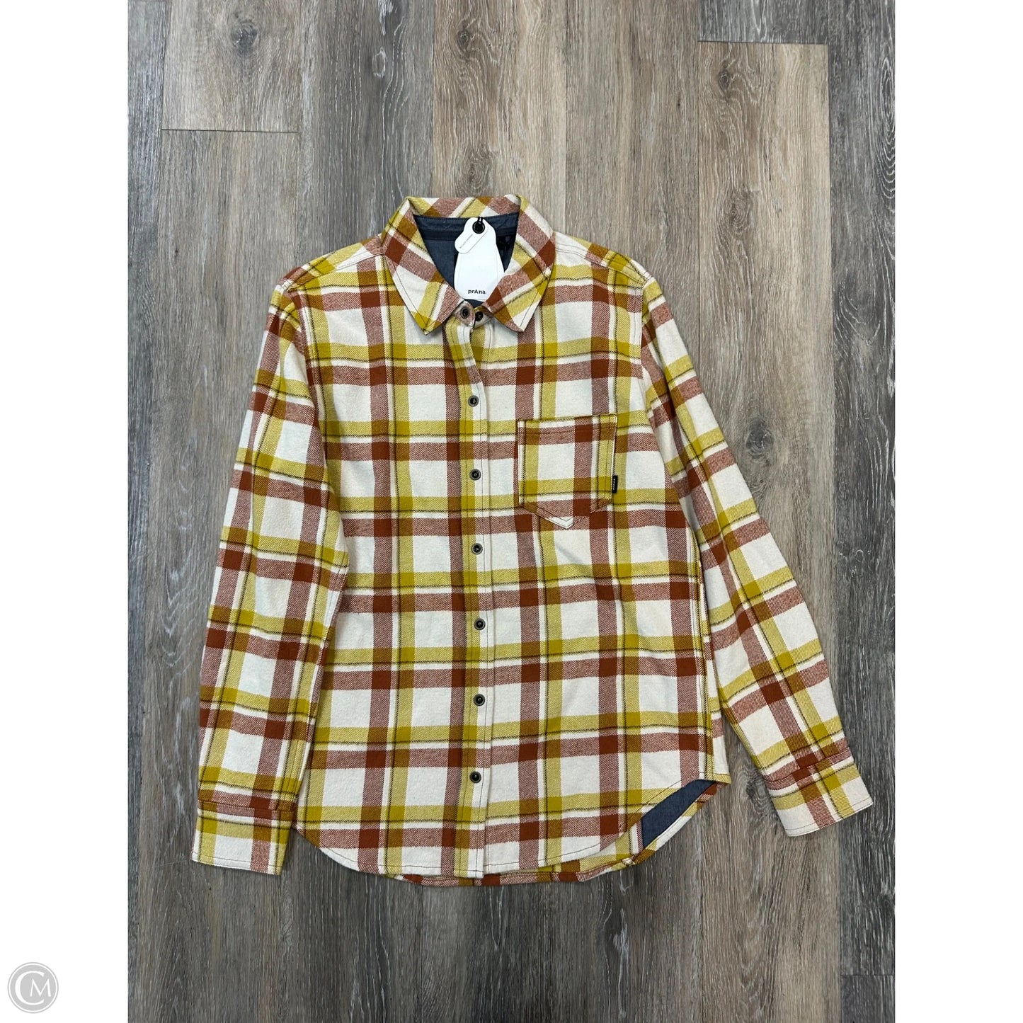 Blouse Long Sleeve By Prana In Plaid Pattern, Size: S