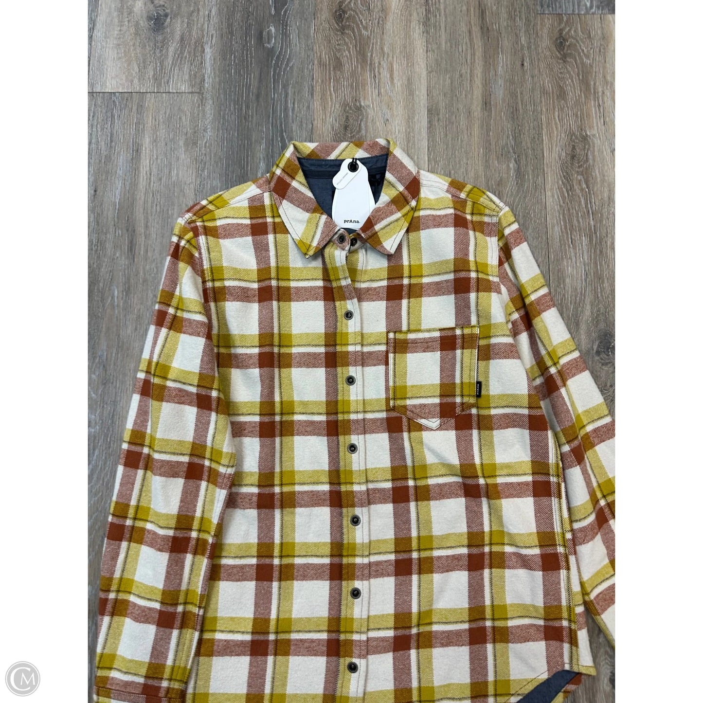 Blouse Long Sleeve By Prana In Plaid Pattern, Size: S