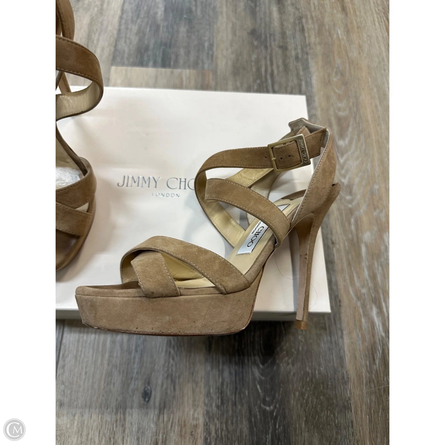 -Shoes Luxury Designer By Jimmy Choo In Tan, Size: 6.5