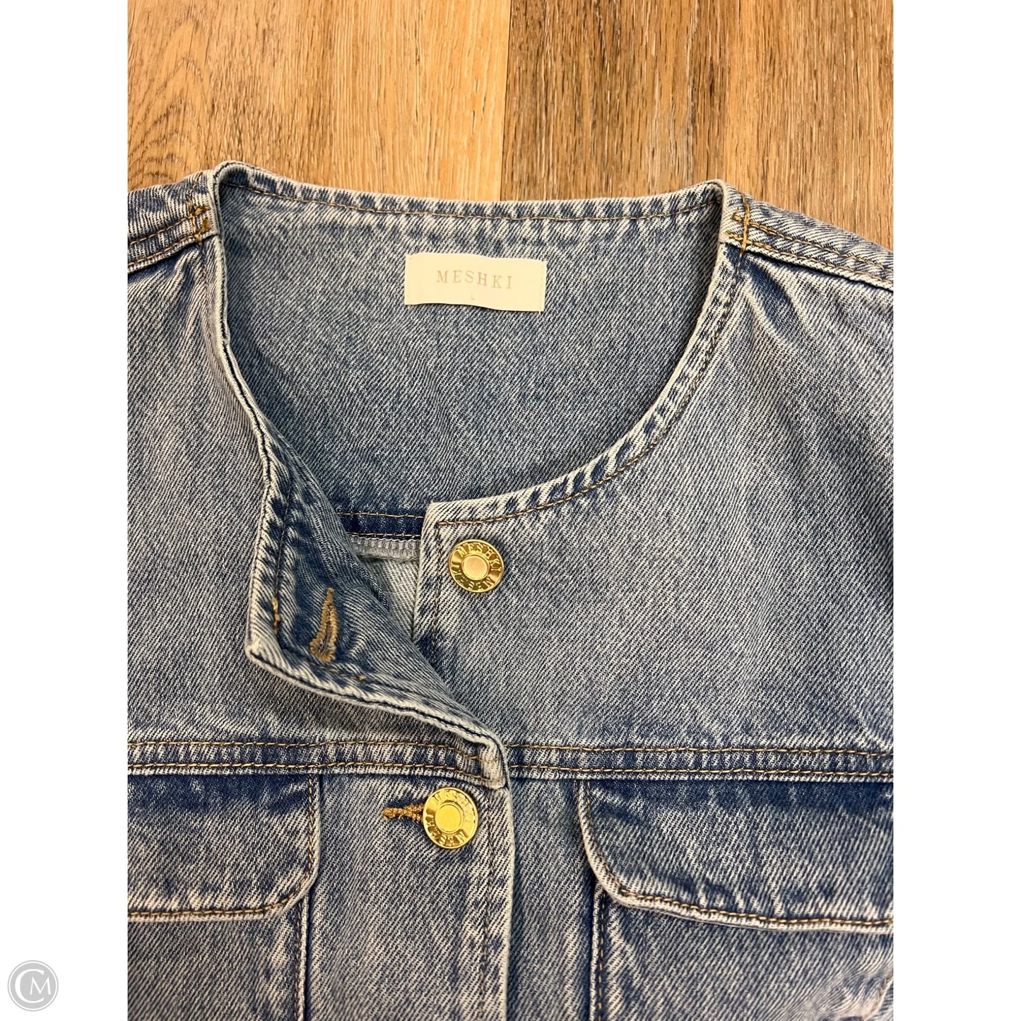 Blouse Short Sleeve By Meshki In Blue Denim, Size: L