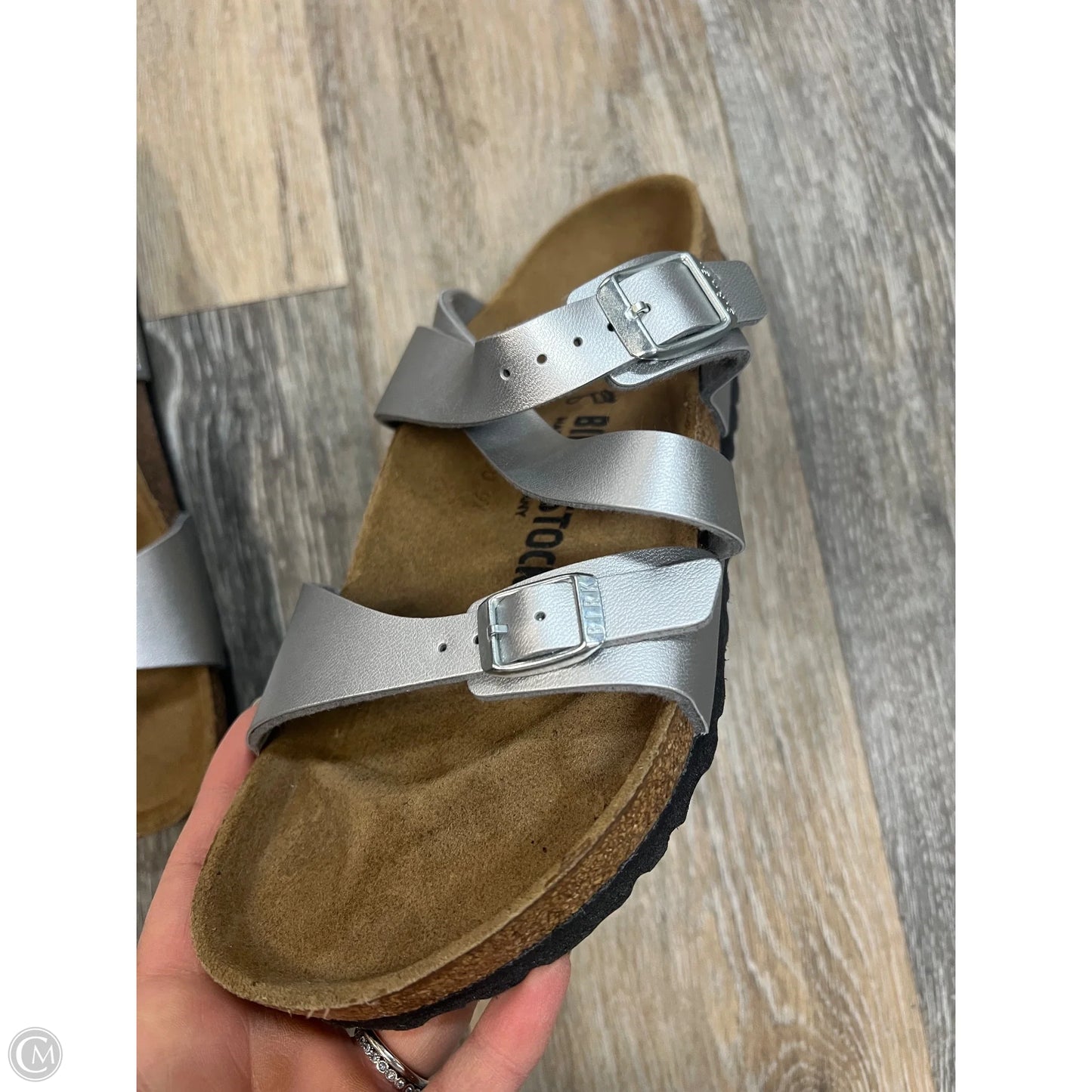 Sandals Flats By Birkenstock In Silver, Size: 7/38