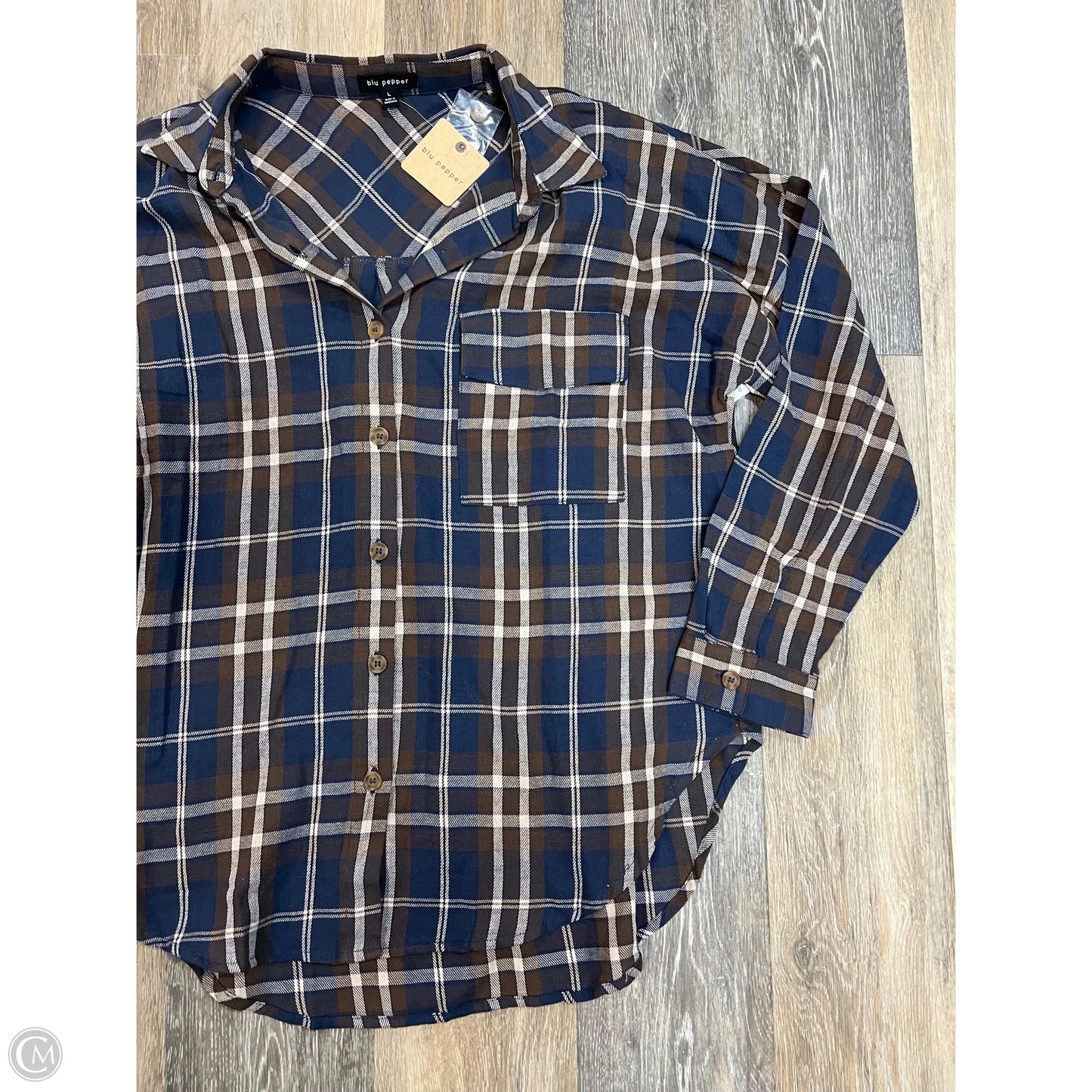 Blouse Long Sleeve By Blu Pepper In Plaid Pattern, Size: L