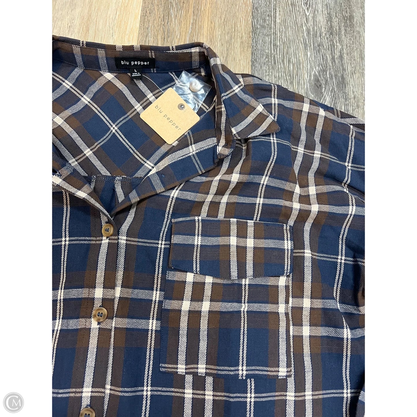 Blouse Long Sleeve By Blu Pepper In Plaid Pattern, Size: L