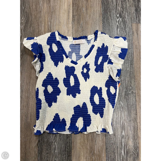 -Blouse Short Sleeve By Leela & Lavender In Blue & Cream, Size: L